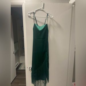 Lulus Alluring Expression Emerald Satin Fringe Tie-Back Midi Dress